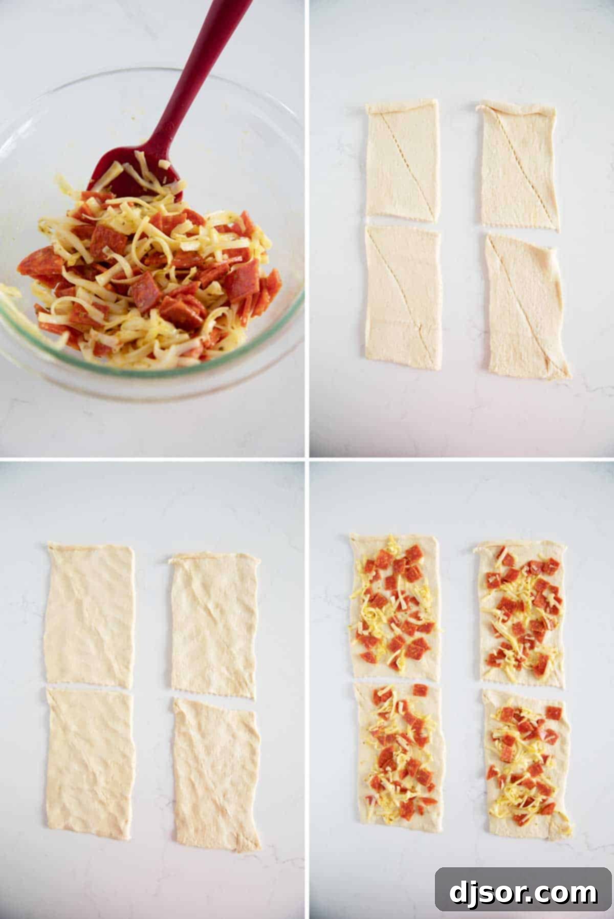 Cheesy Pepperoni Swirls 4 Process of making pepperoni pinwheels: mixing filling and assembling crescent roll dough into rectangles.