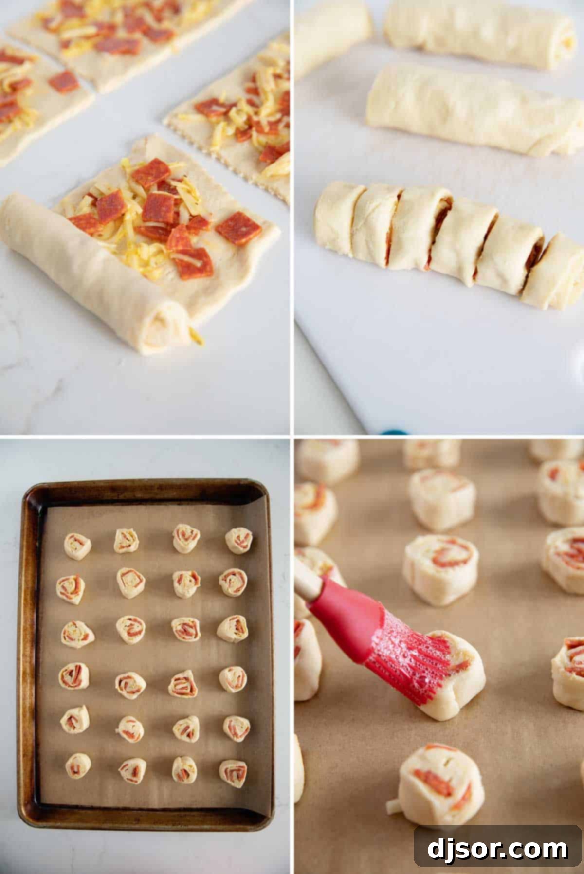 Cheesy Pepperoni Swirls 5 Close-up of assembled pepperoni pinwheels on a baking sheet before going into the oven.