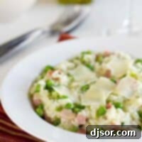 Creamy Ham and Pea Risotto 2 Ham Risotto with Peas in a shallow bowl with fresh herbs.