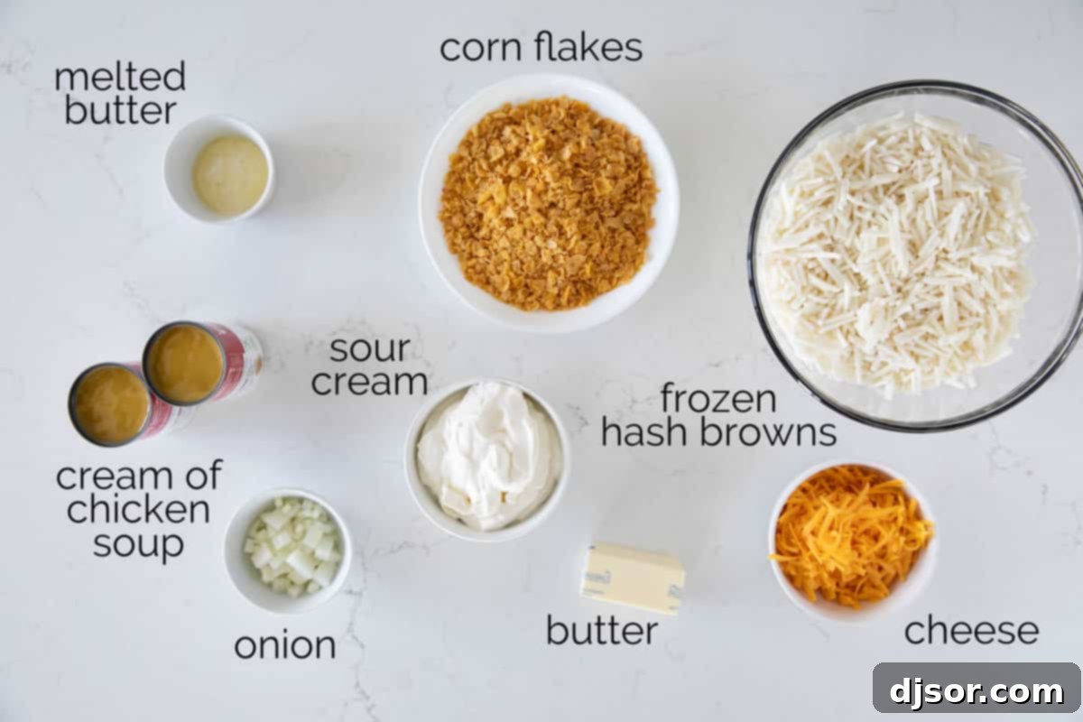 Ingredients needed to make funeral potatoes.