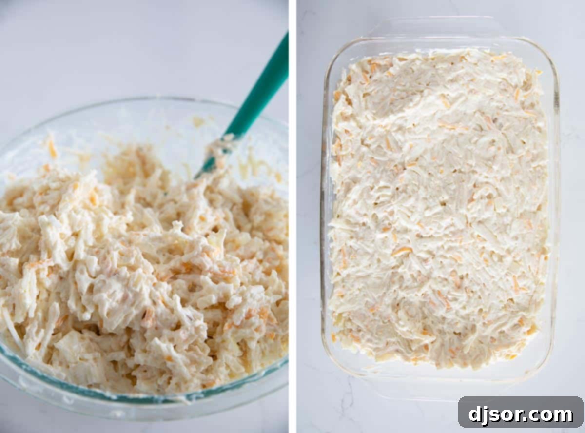 Mixing ingredients together for funeral potatoes.