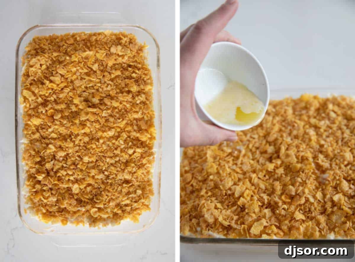 Topping funeral potatoes with cornflakes and butter.