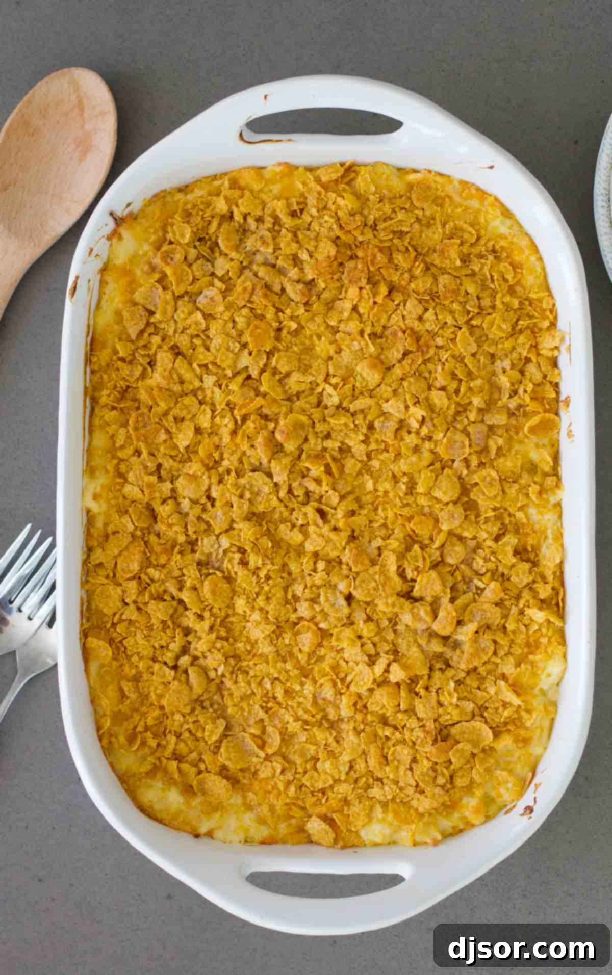overhead view of Casserole dish of Funeral Potatoes