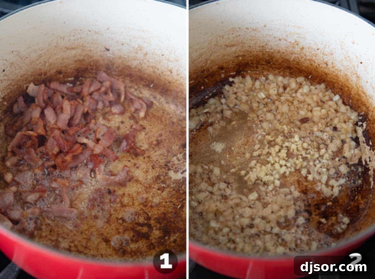 Loaded Baked Potato Soup 4 Cooking bacon, onion, and garlic for baked potato soup.