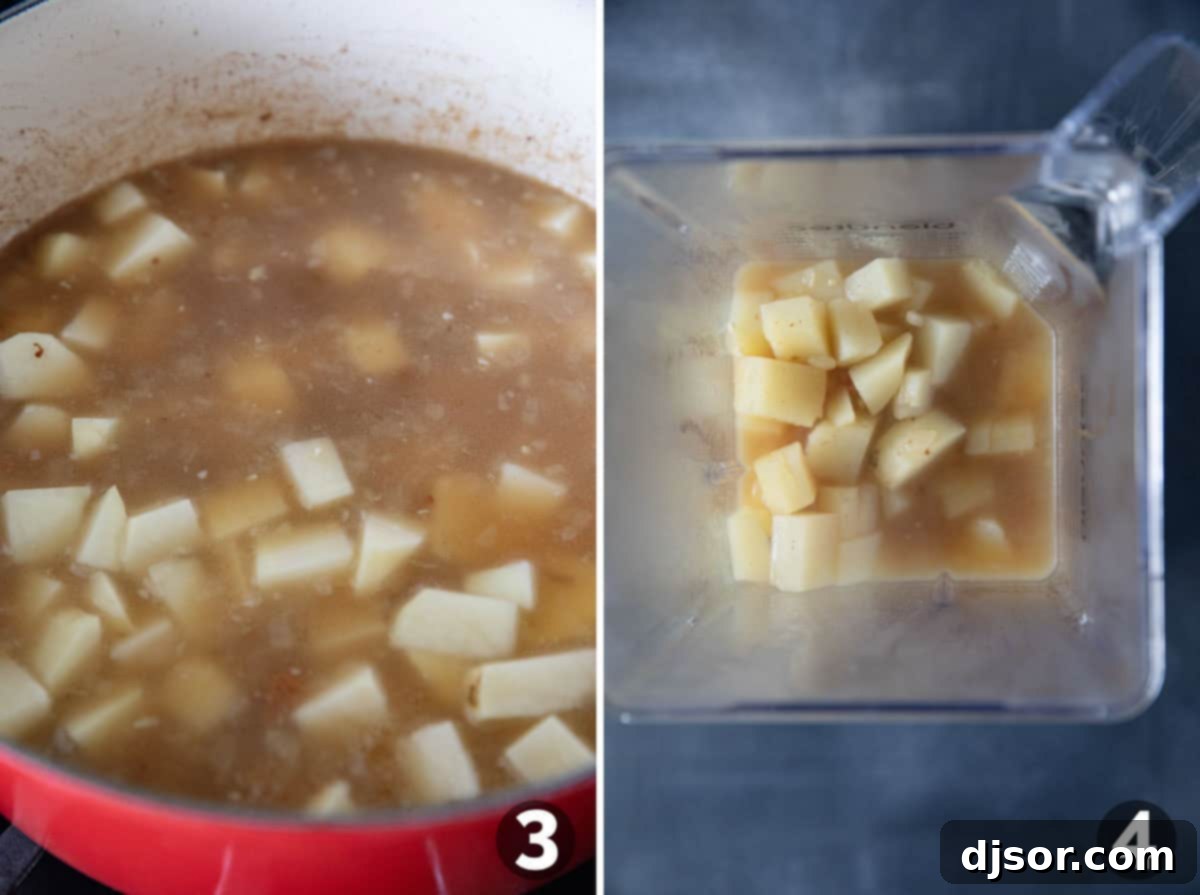 Loaded Baked Potato Soup 5 Cooking potatoes in broth and then adding some to a blender.