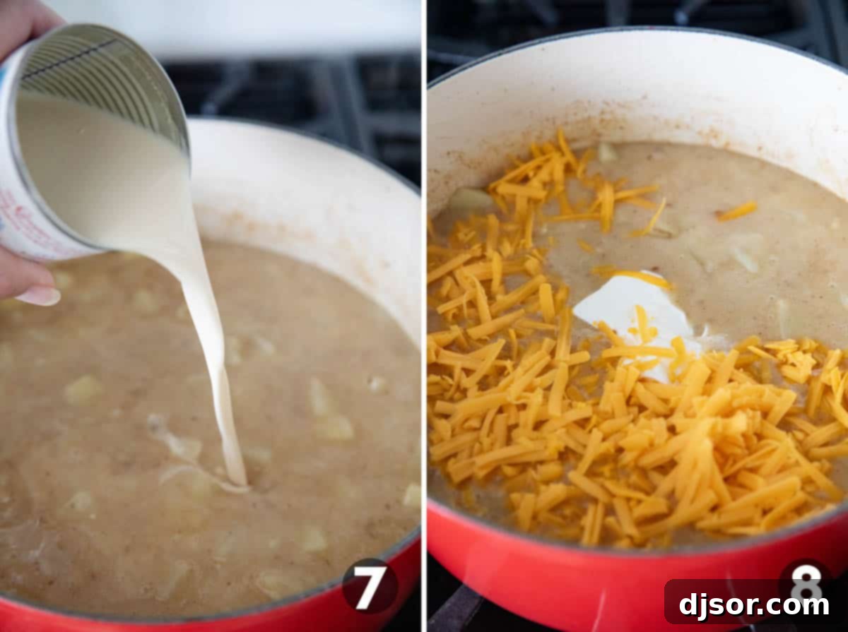 Loaded Baked Potato Soup 7 Adding evaporated milk, cheese, and sour cream to baked potato soup.