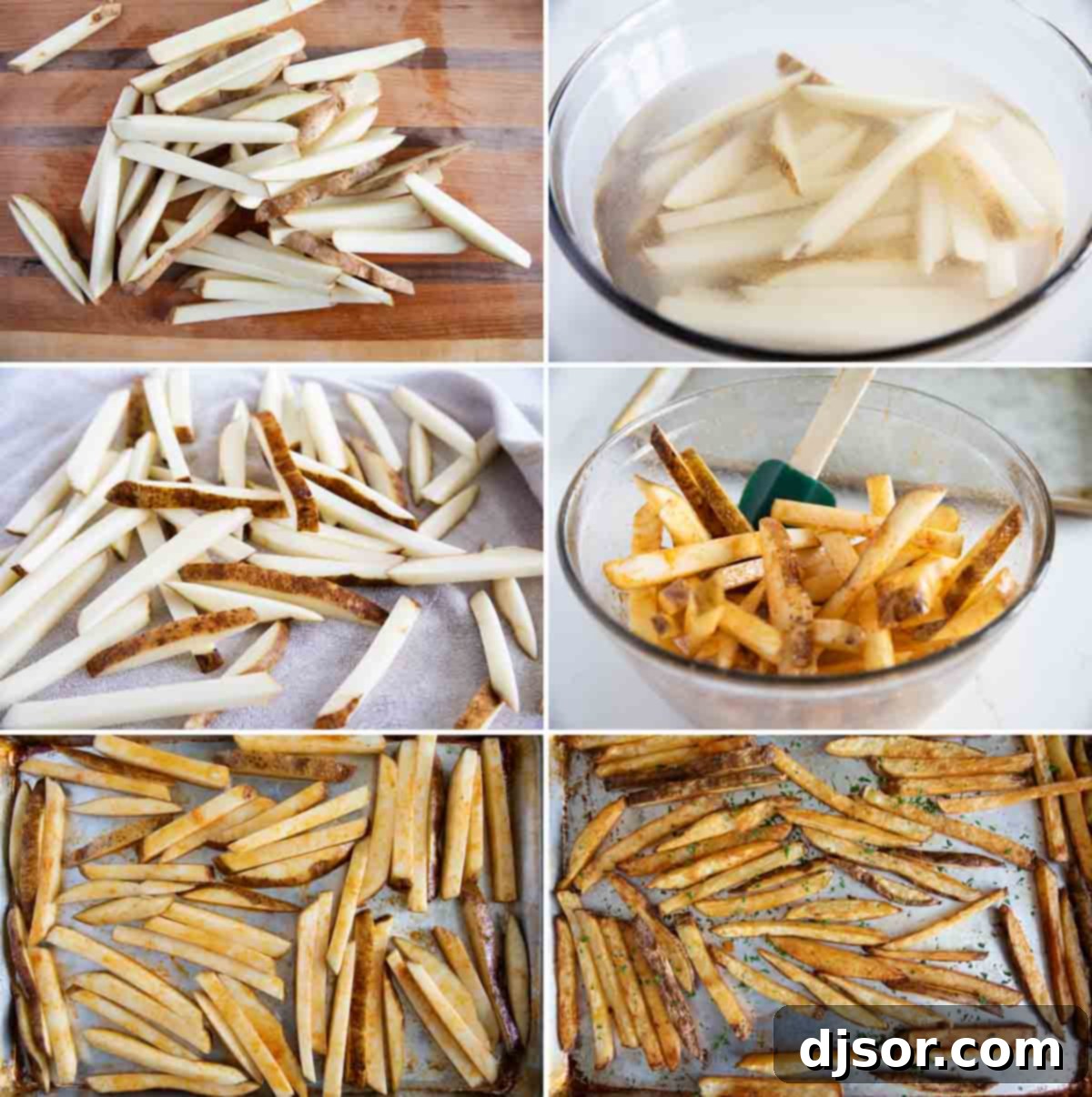 Super crispy and perfectly spiced, these Baked French Fries are the perfect snack or side dish. Forget the deep fryer, these homemade fries are just as good and are better for you! A step-by-step collage showing how to prepare baked French fries, from cutting potatoes to seasoning and baking.