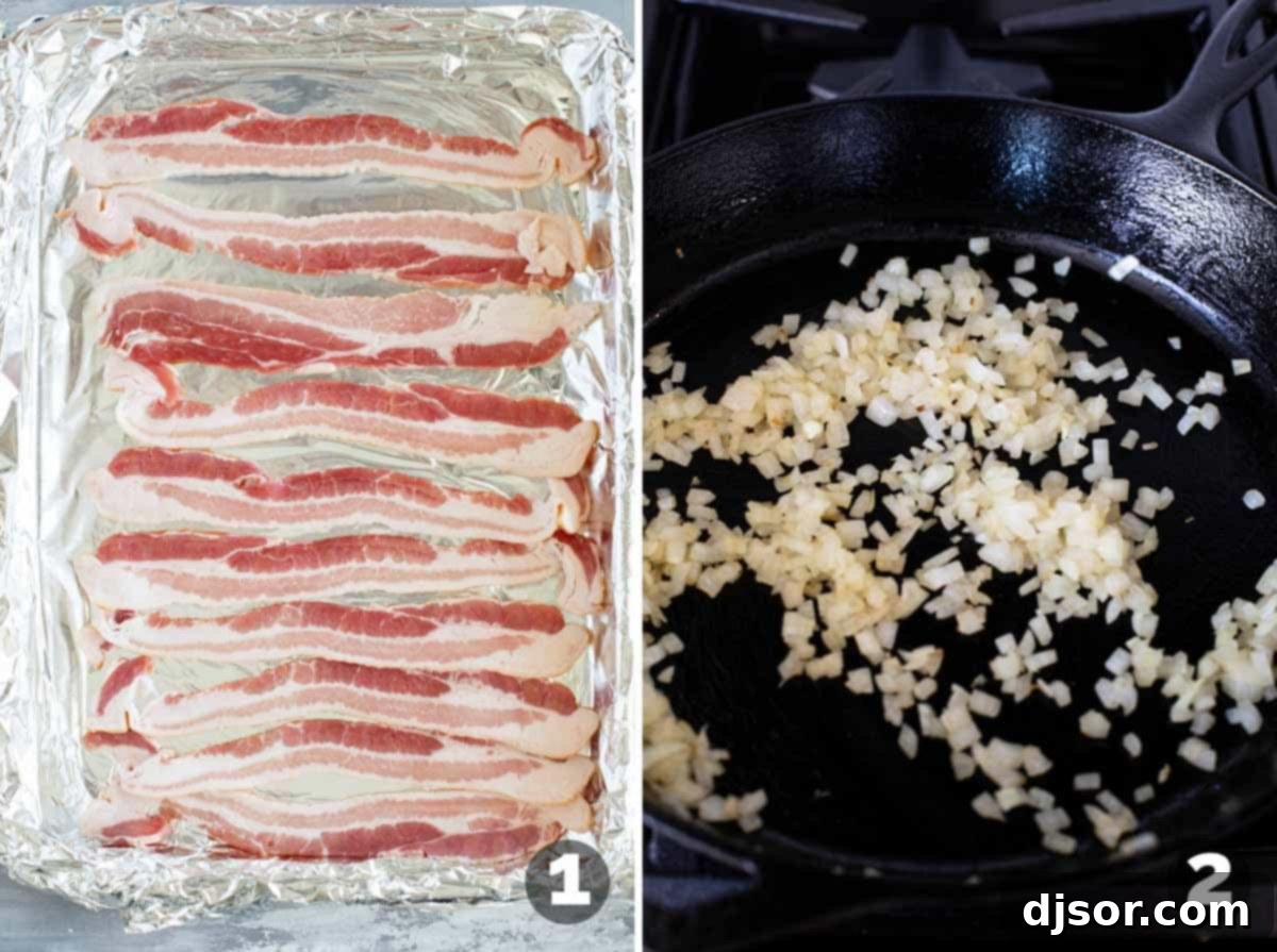 The Ultimate Bacon Meatloaf 4 Partially baking bacon on a sheet pan and sautéing onions.