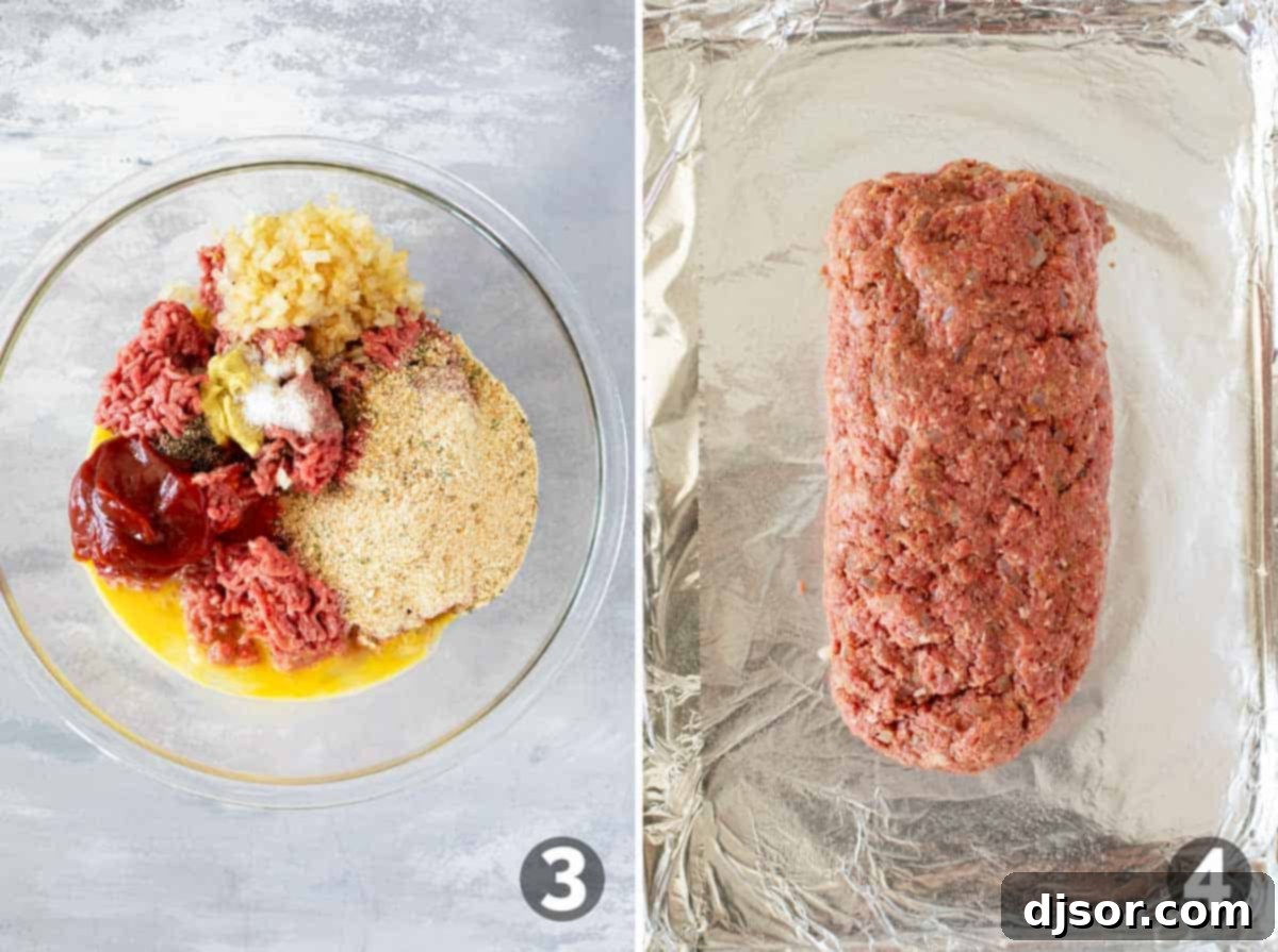 The Ultimate Bacon Meatloaf 5 Mixing ingredients for meatloaf and forming into a loaf.