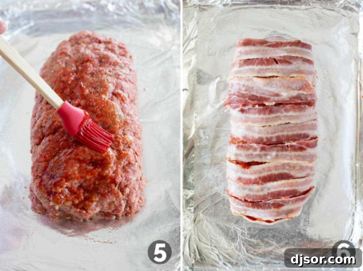 The Ultimate Bacon Meatloaf 6 Brushing meatloaf with ketchup and wrapping in bacon.