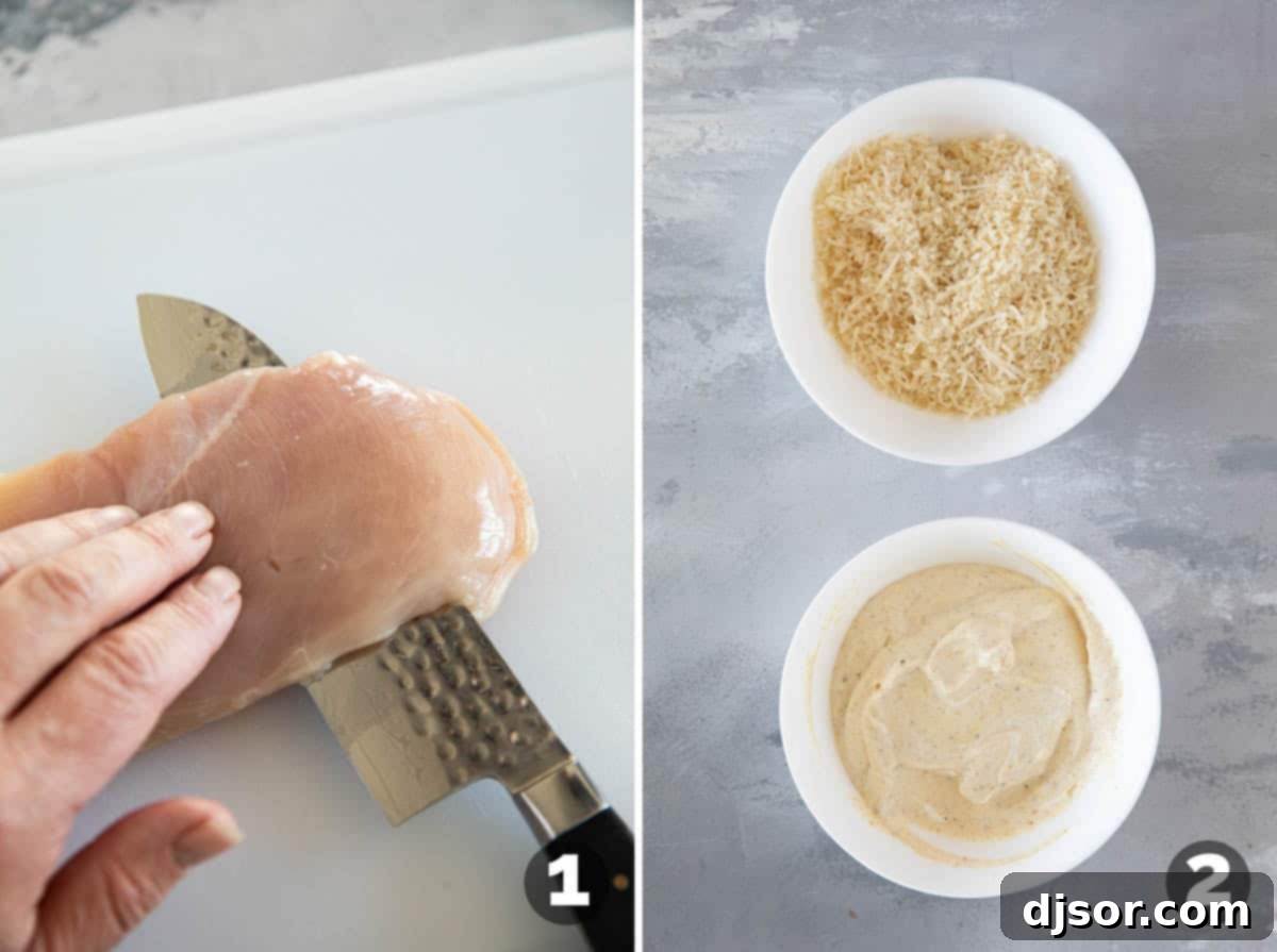 Crispy Mayo Chicken 4 Cutting chicken breast in half and mixing ingredients to make chicken topping.