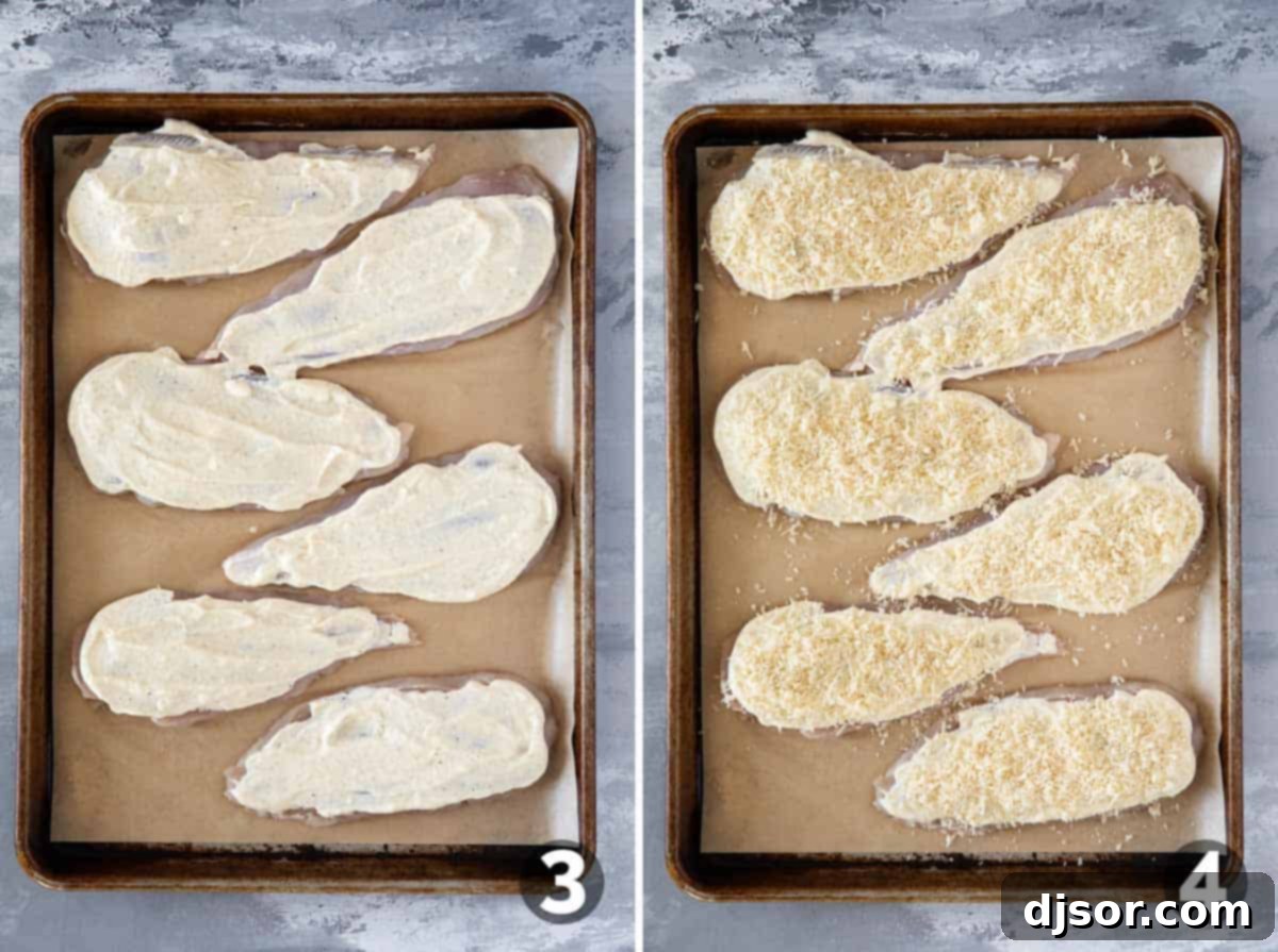 Crispy Mayo Chicken 5 Topping chicken breasts with mayo mixture and then a breadcrumb mixture.