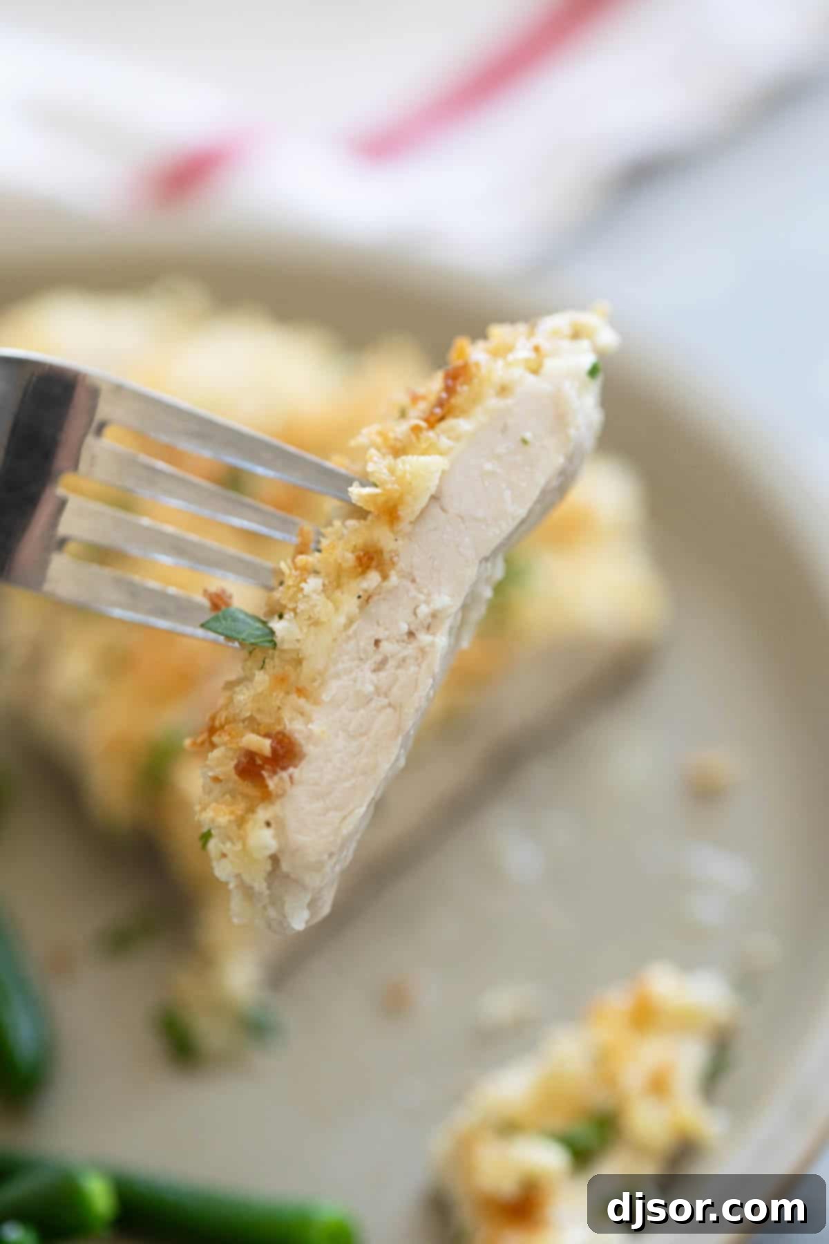 Crispy Mayo Chicken 7 Bite of crunchy mayo chicken on a fork.