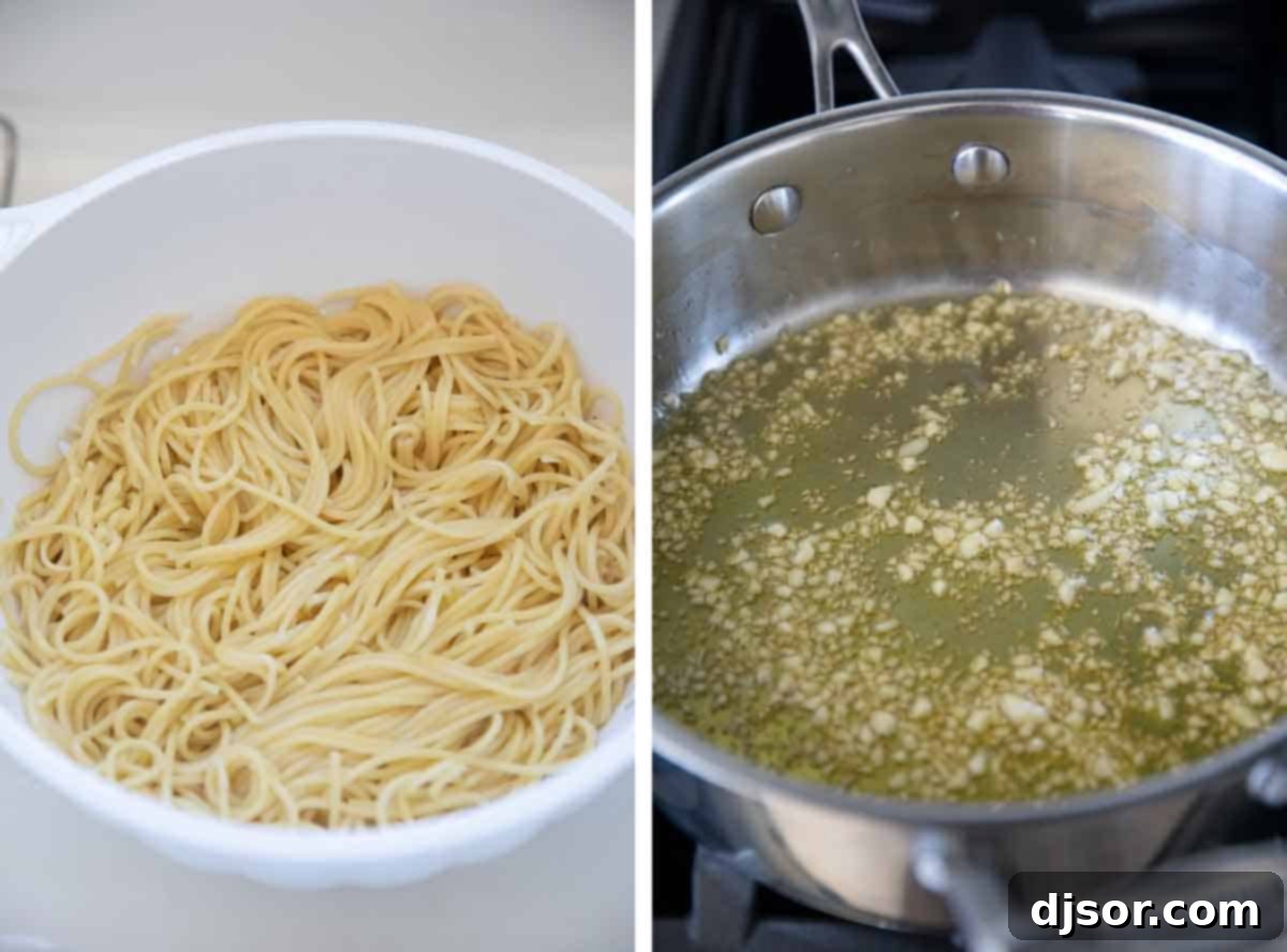 A two-part image showing fresh spaghetti noodles being drained in a colander on the left, and minced garlic cloves gently sizzling in olive oil in a pan on the right, capturing key steps for cooking garlic spaghetti.