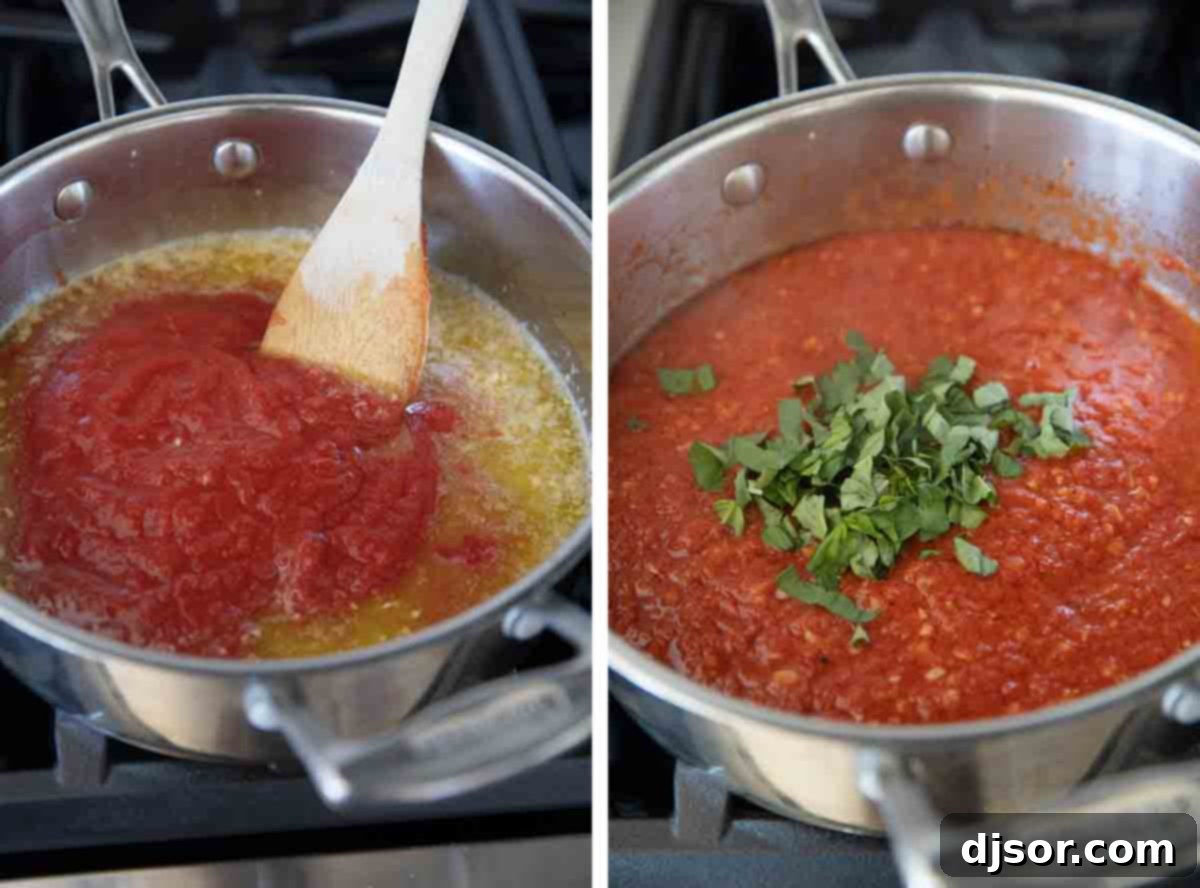 Close-up images showing the cooking process: on the left, crushed tomatoes are stirred into the fragrant garlic butter sauce; on the right, fresh basil is added to the simmering tomato sauce, infusing it with aromatic herbs.