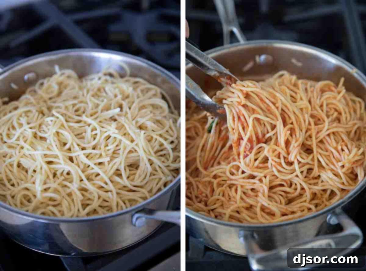 Two images depicting the final stages of making garlic spaghetti: on the left, cooked spaghetti is added directly into the simmering tomato garlic sauce; on the right, the pasta is being tossed vigorously with tongs to ensure every strand is perfectly coated in the rich sauce.