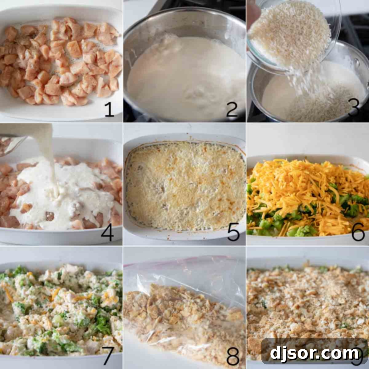 Four images showing the step-by-step process of making Chicken Divan: 1) chicken in a baking dish, 2) simmering cream, broth, and mustard, 3) rice added to the liquid, 4) pouring liquid over chicken in the dish.