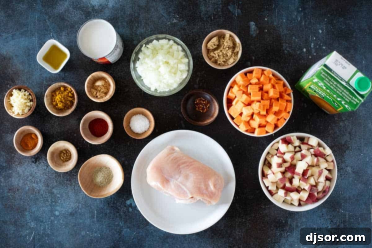 All the fresh ingredients needed to make Chicken Curry Soup.