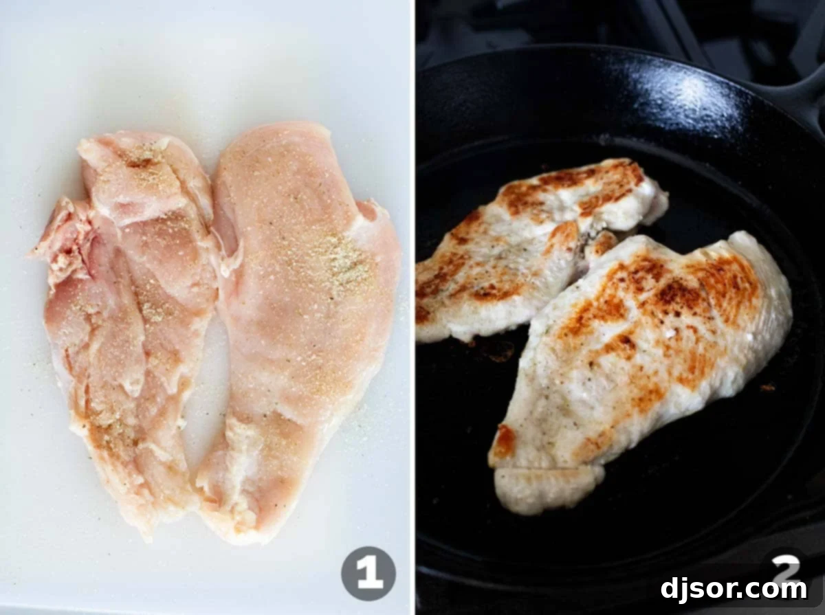 Preparing the chicken by slicing and seasoning.