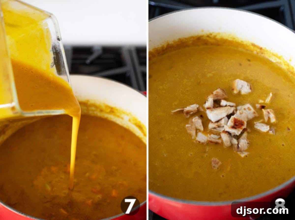 Blending part of the soup to create a creamy texture.