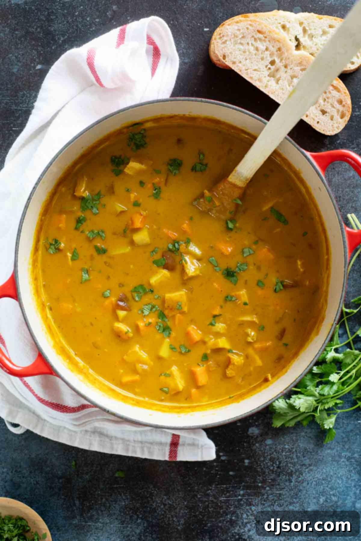 A beautiful Dutch oven filled with Chicken Curry Soup.