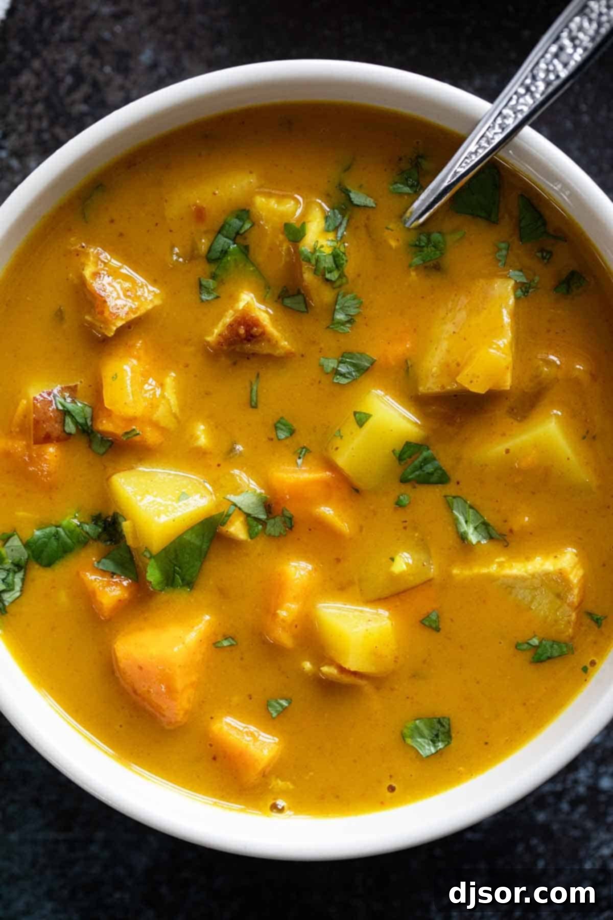 Close-up of a bowl of Chicken Curry Soup showing the potatoes and chicken.