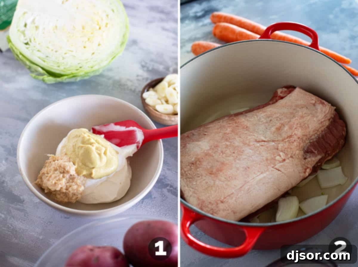 Preparing creamy horseradish mustard and adding corned beef and onion to the pot.