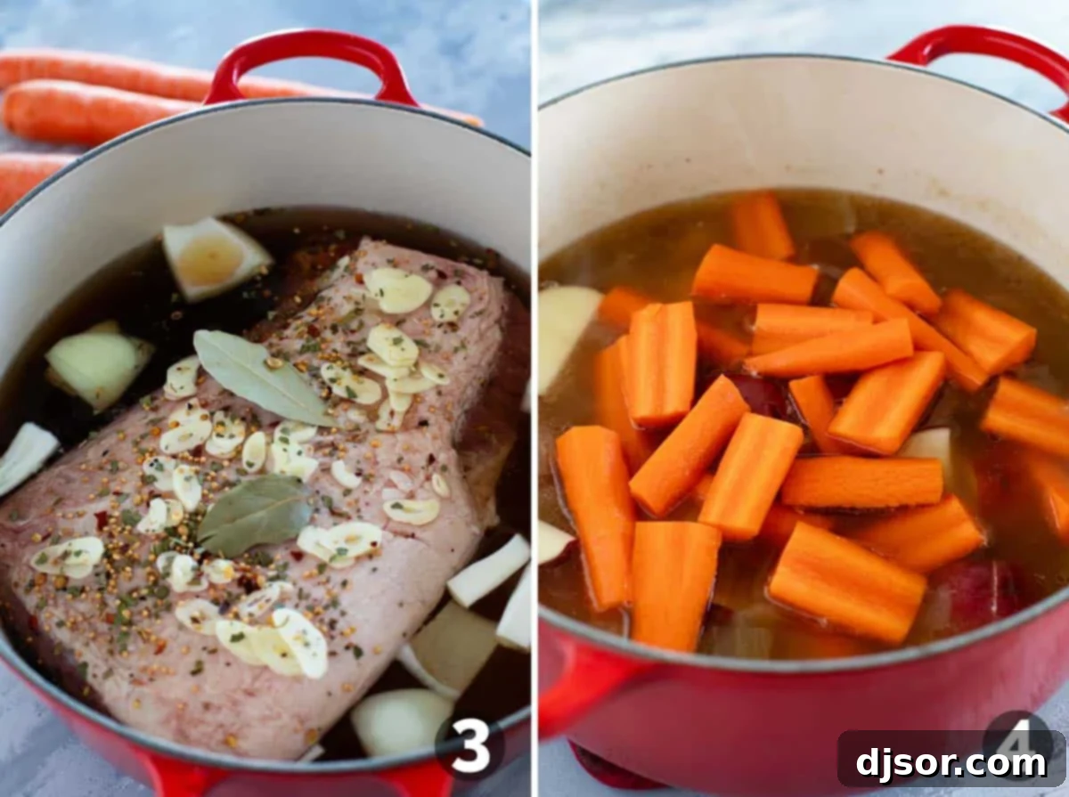 Adding garlic and spices to the corned beef, and cooking potatoes and carrots.