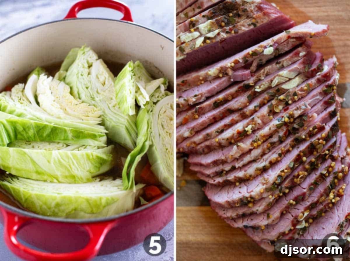 Adding cabbage to the pot and slicing the tender corned beef.