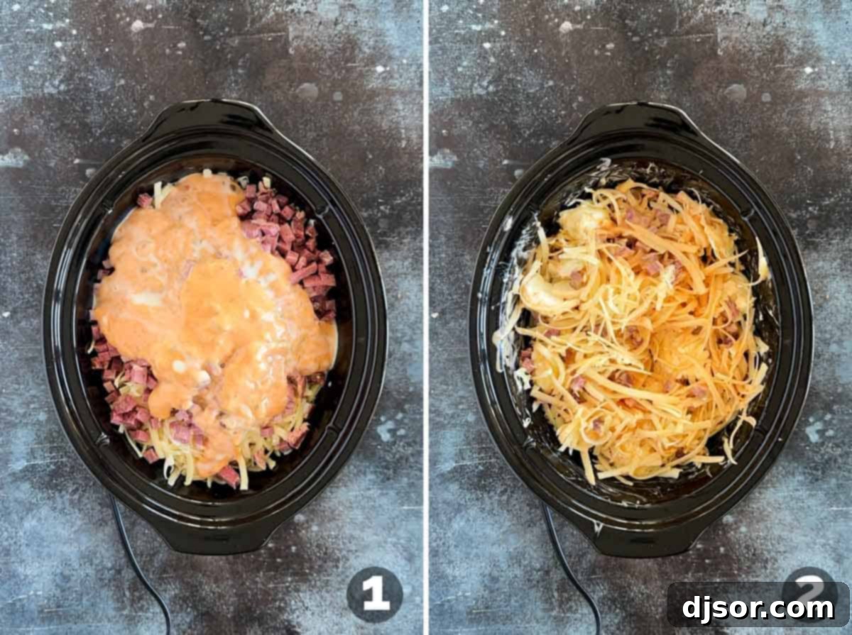 Combining ingredients for Slow Cooker Reuben Dip