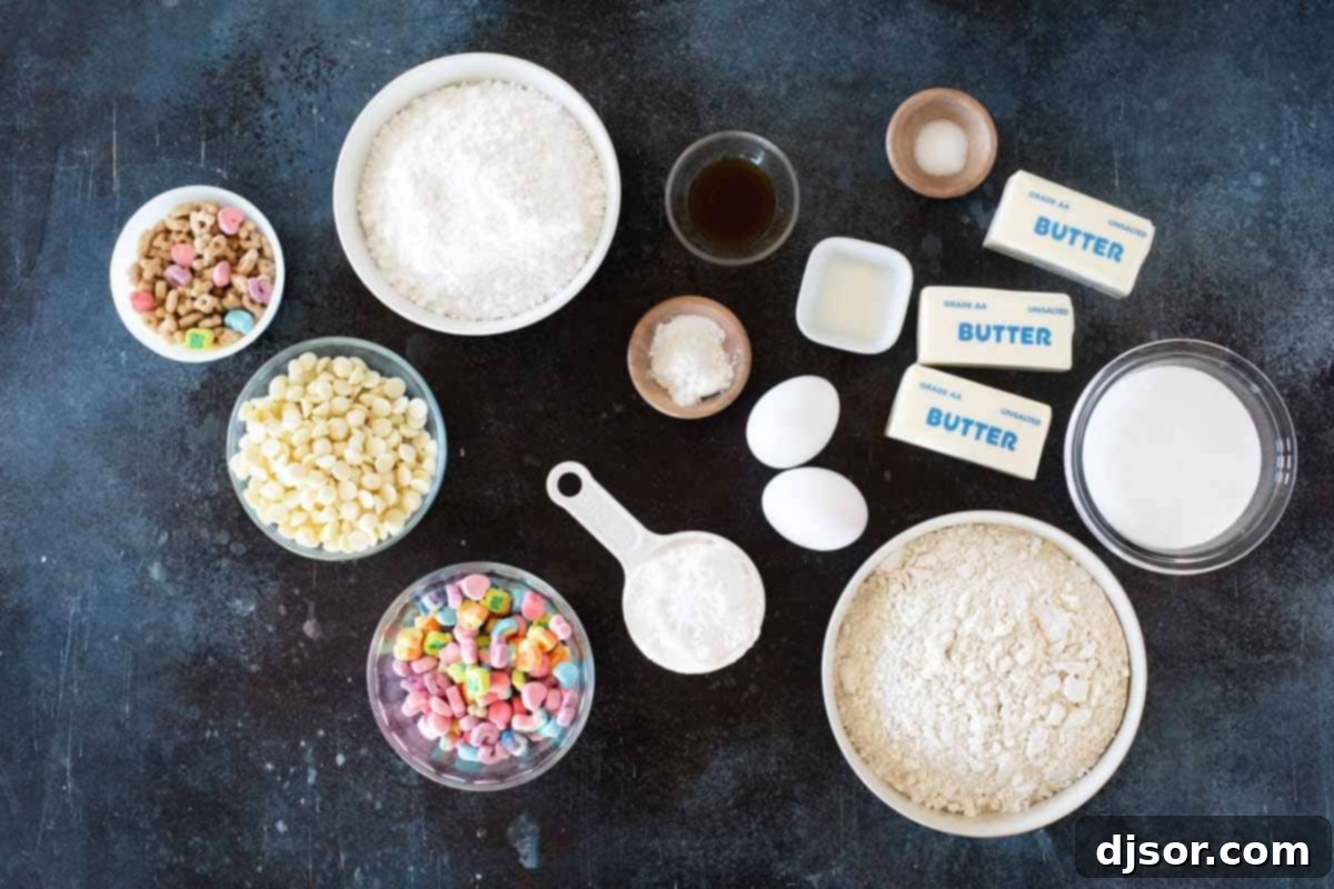 Ingredients needed to make Lucky Charms Cookies.