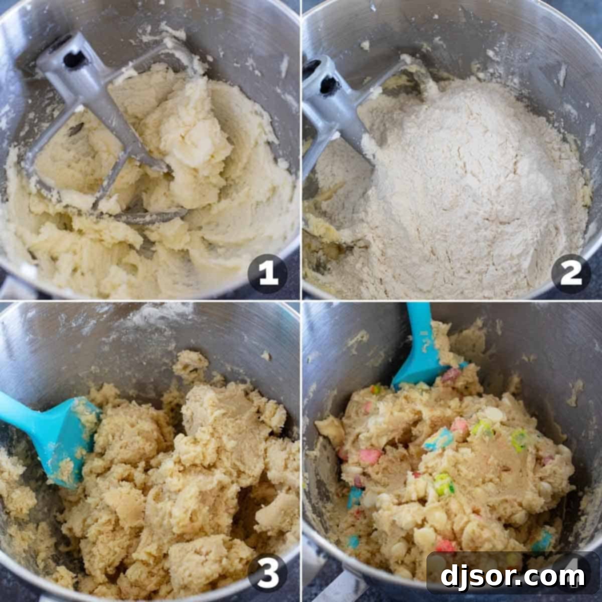Steps showing how to make the cookie dough for Lucky Charms Cookies.