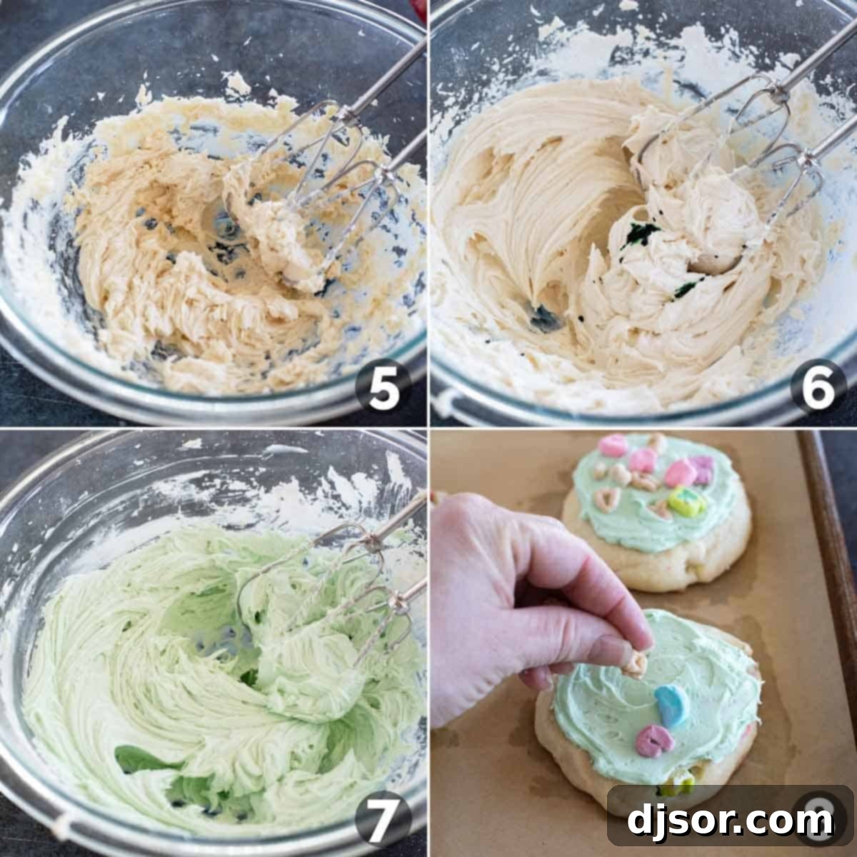 Steps to making the marshmallow buttercream frosting for Lucky Charms Cookies.