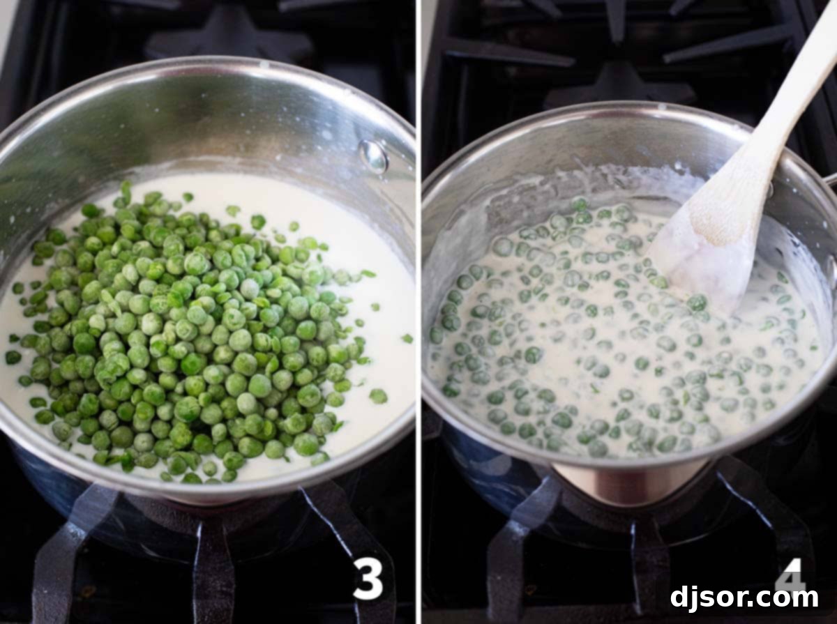 Adding frozen peas and cooking in a saucepan for creamed peas.
