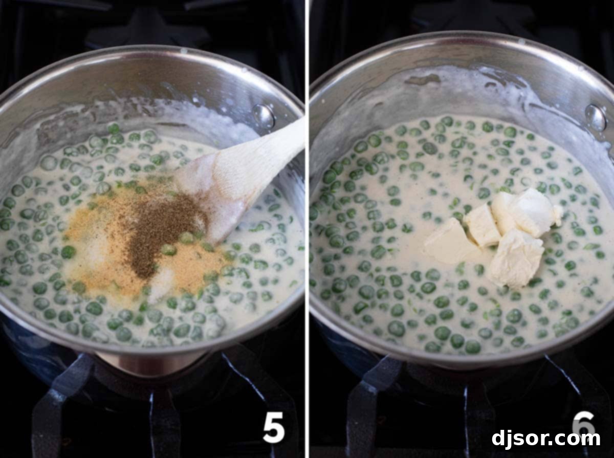 Adding spices and cream cheese for creamed peas.