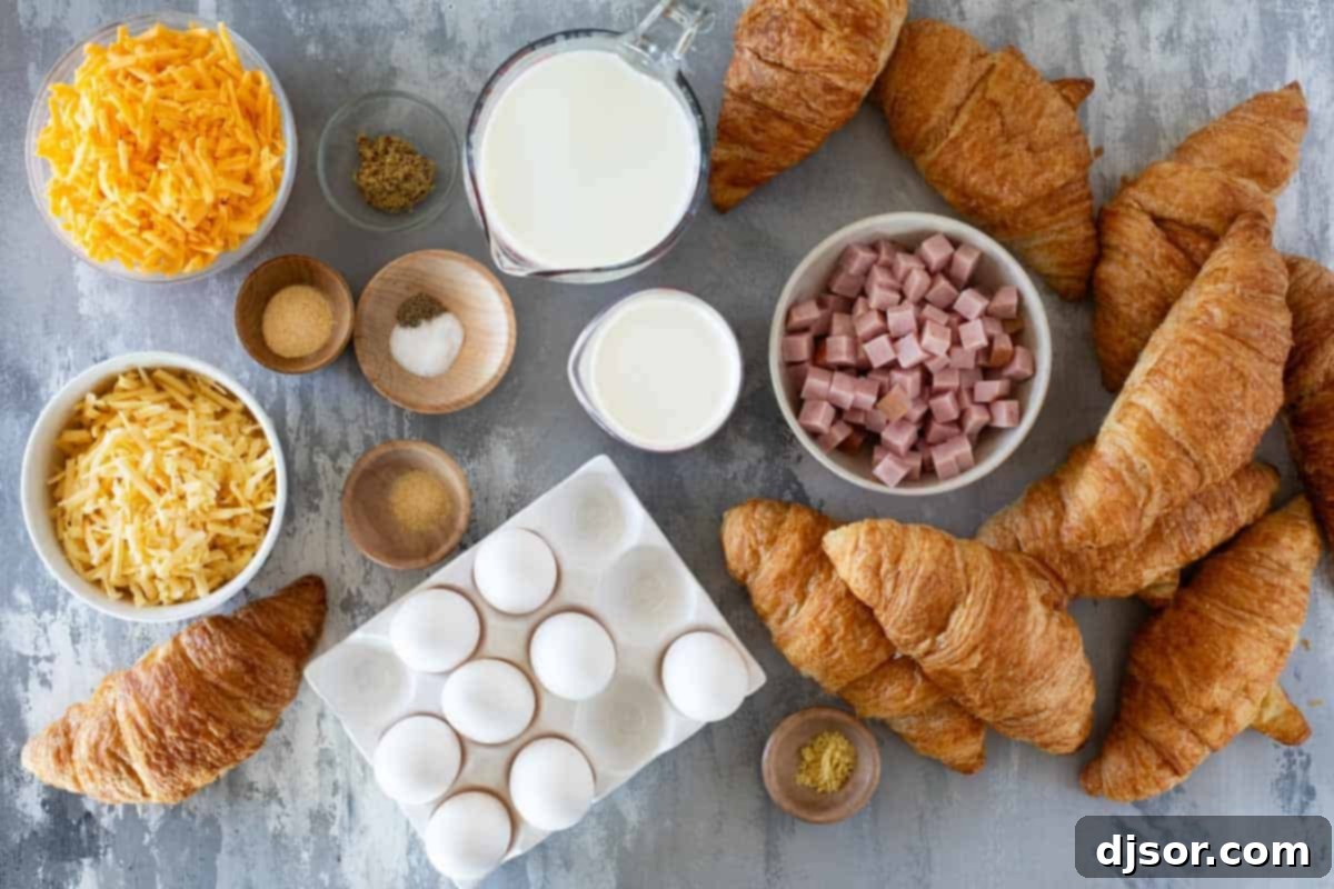 All the fresh ingredients needed to create this amazing Croissant Breakfast Casserole, ready to be combined.