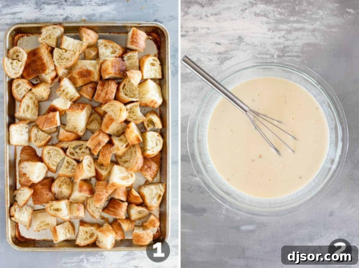 The process of toasting the croissant pieces and whisking the custard mixture for the breakfast casserole.