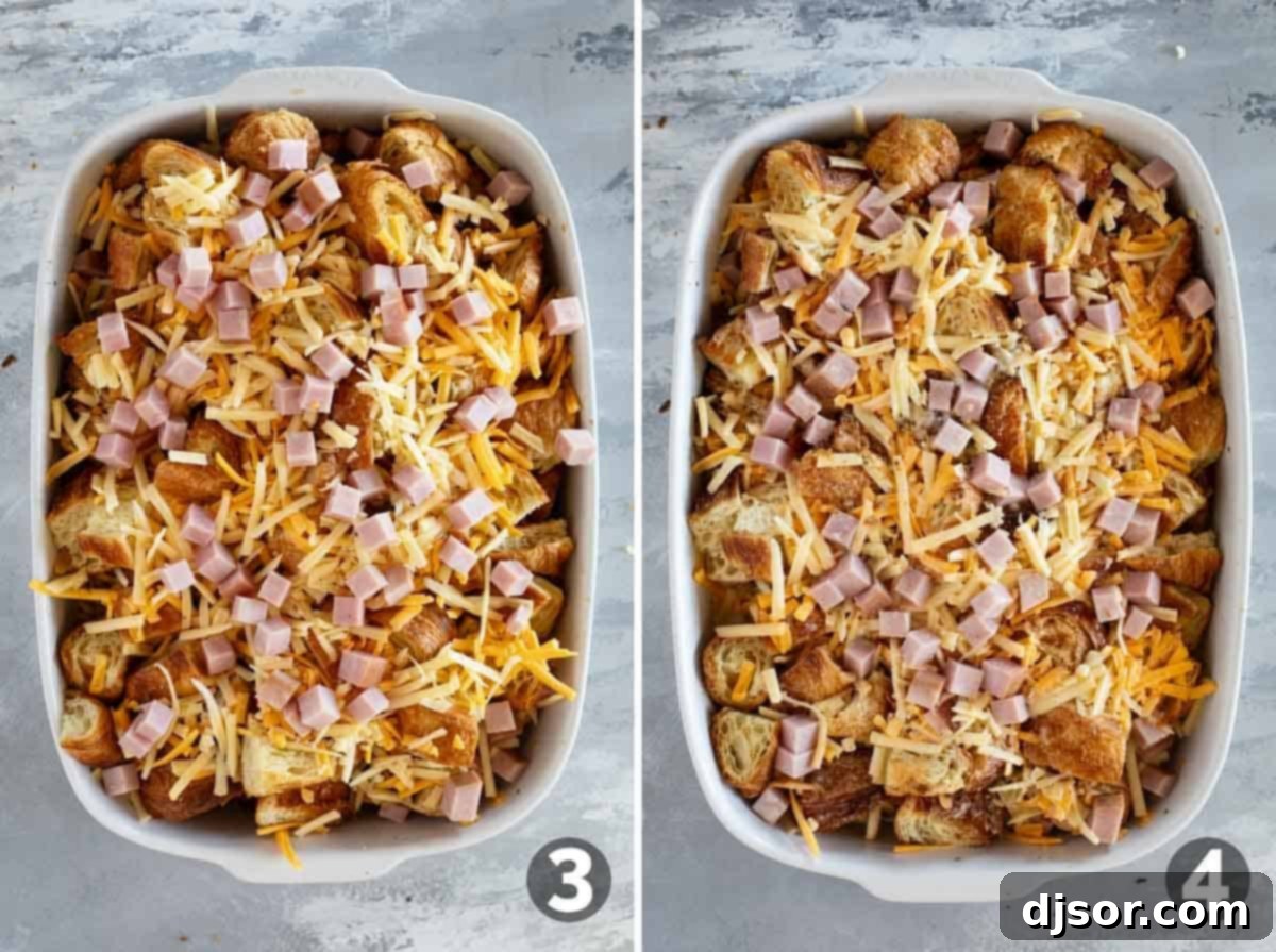 The process of putting all the ingredients together and adding the custard mix.